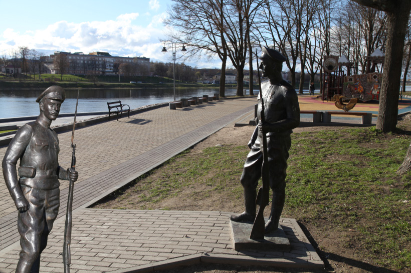 World War I bronze soldier on the Great River the Velikaya Reka in Pskov